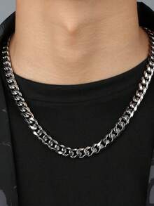 1件低過敏不褪色男士六面拉絲項鍊，嘻哈風粗鏈條 - 銀色 - 查看 1