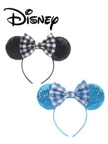 1pc Disney Mickey Black Plaid + Blue Plaid Sequin Headband, Mickey Black Plaid + Blue Plaid Sequin Headband - Holiday Party Headband, Hair Accessory, Fun Photo Prop, Amusement Park Accessory, Suitable For Birthday Party And Valentine's Day Events, With Bow Cute Cartoon Hair Accessory, Princess Costume Accessory, Suitable For Disney Fans - 1 YEAR - View 1