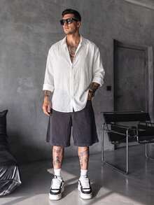 男士長袖半透休閒襯衫，時尚設計，舒適百搭，適合日常穿著，春/秋季 - 白色 - 查看 6