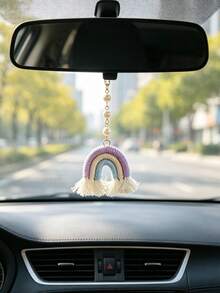 1pc Pearl Decorated Woven Rainbow Car Rearview Mirror Hanging Ornament, Car Interior Decorative Pendant - A - View 5