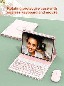 Set Keyboard dan Mouse Putar 360°, Kompatibel dengan iPad A16 Generasi ke-11/10/9/8/7/6/5, Air 10.9/11/10.5/9.7 Inci dan Pro 11 (1/2/3/4), Slot Pena Terintegrasi, Keyboard Nirkabel yang Dapat Dilepas (Baterai 150mAh), Casing Pelindung Kulit PU - Merah Muda - Paket Keyboard Putar 360 Derajat Warna Pink + Casing Pelindung + Mouse - View 5