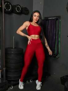 Fitness Gym Set Strappy Padded Top - Rojo - Ver 1