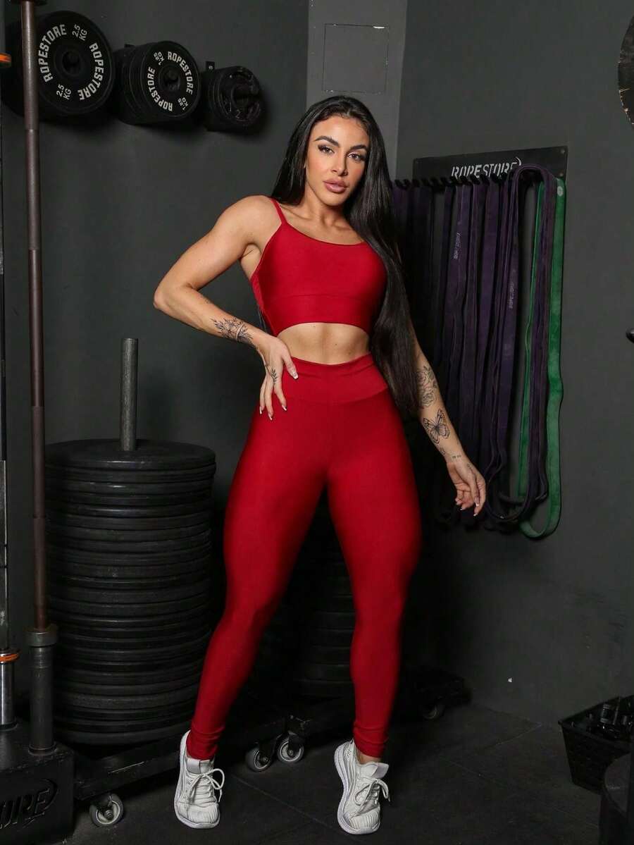 Fitness Gym Set Strappy Padded Top - Rojo - Ver 1