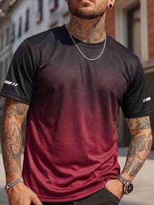 1pc Men's Ombre Color Breathable Elastic Sports Short Sleeve T-Shirt, Suitable For Running, Training, Fitness In Spring/Summer - Red - View 1