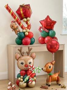 52pcs/22pcs/19pcs/10pcs/2pcs Christmas Theme Balloon Set, Red Nose Reindeer, 3D Standing Deer, Mini Gingerbread Man, 22 Inch Red & Gold Gift Box, Red Star/Round Balloons, Red & White / Red & Green Striped Candy Cane Balloons, New Year 2027 Table / Tabletop - View 1
