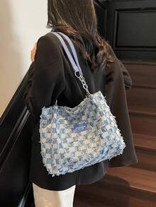 Fashion Striped Large Capacity Chain Zipper Tote - Daily Commute Shoulder Bag For Girls, Students, Office. - Blue - View 3