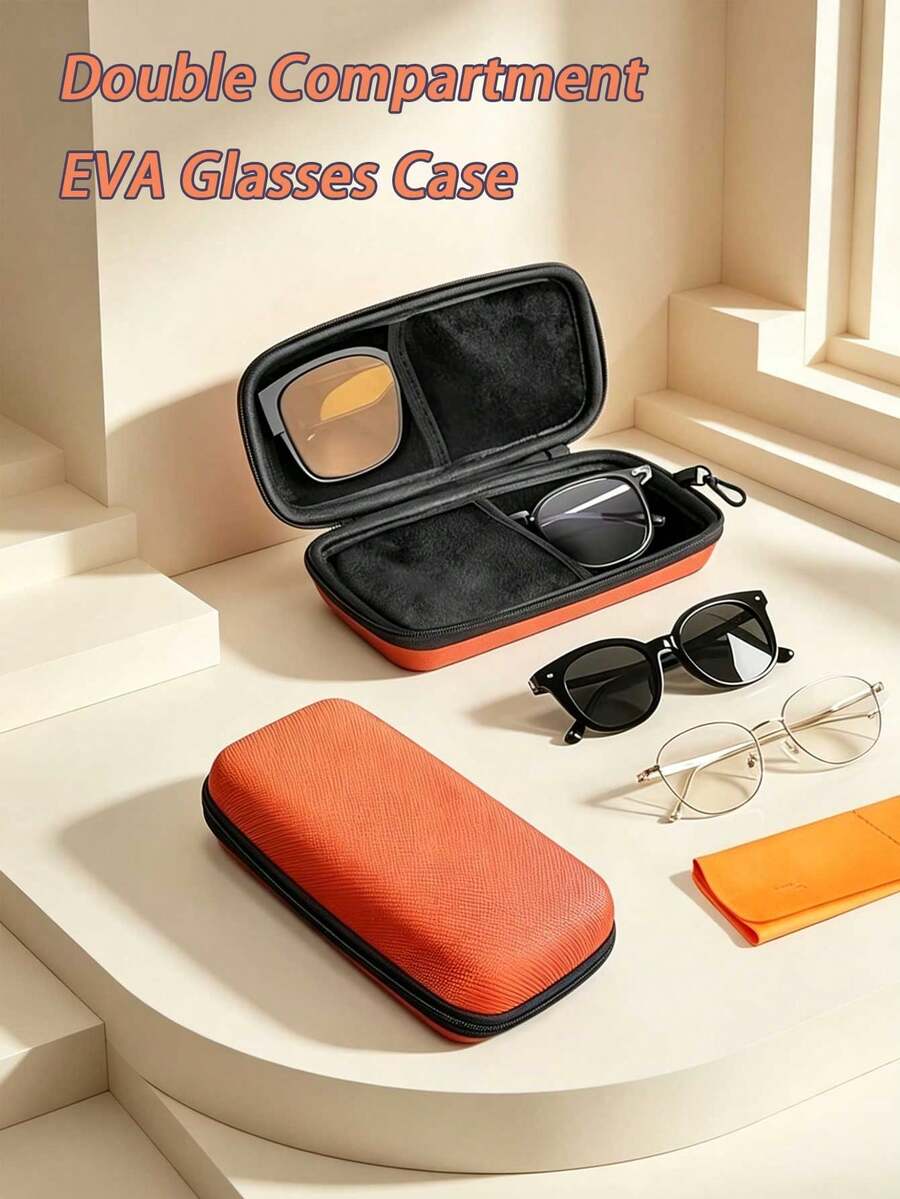 Double Compartment EVA Eyeglass Case, Portable Hard Shell Fashion Eyewear Storage Box With Hook, Waterproof Oxford Cloth Glasses Protective Case, Suitable For Travel, Outdoor, Hiking, Unisex