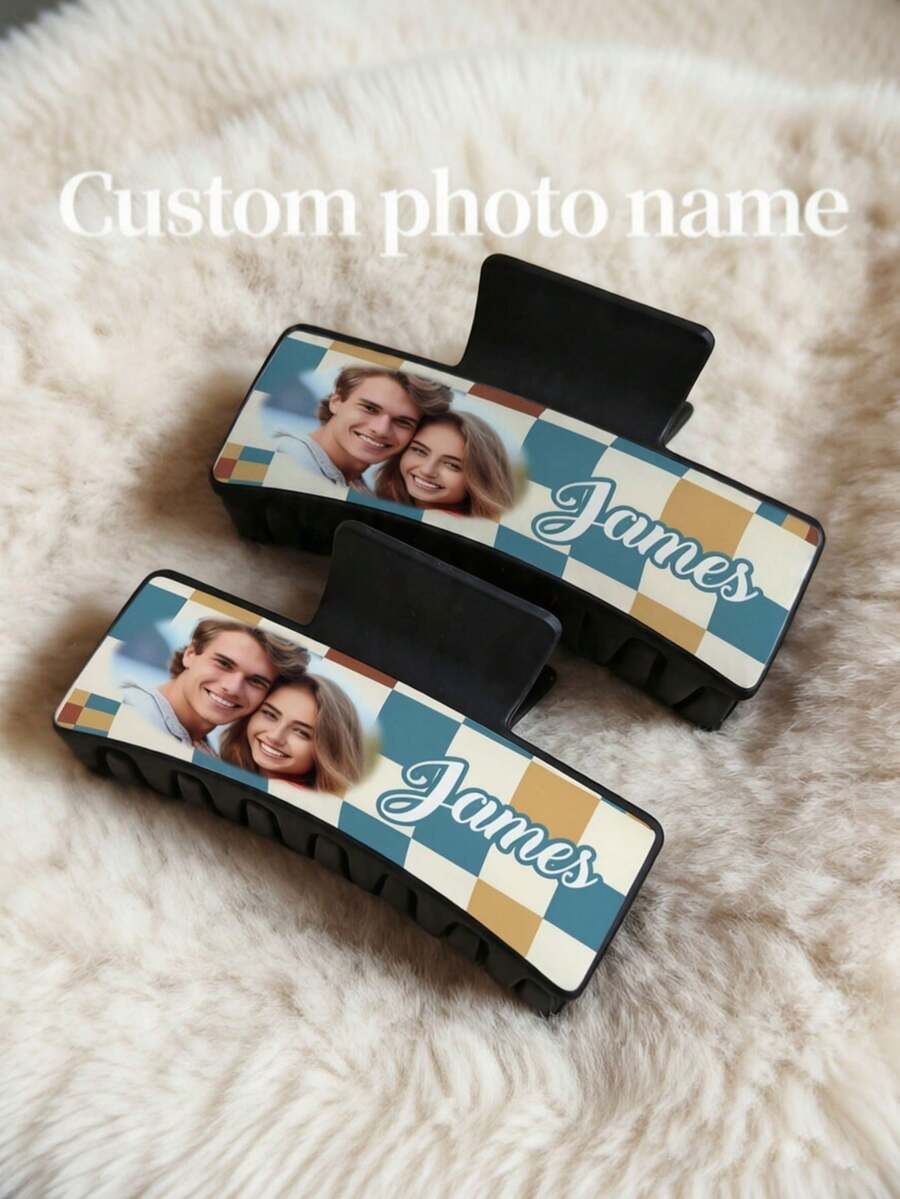 1pc Women's Personalized Customized Non-Slip Hair Clip, Custom Photo & Text Claw Clip, Fashion Minimalist Back Head Bun Claw, Square Printed Customized Photo Hair Clip, Temperature-Sensitive Hair Accessory, Suitable As Valentine's Day Gift, Daily Gift And Best Friend Gift - Multicolor - View 1