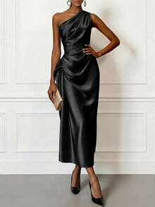 Women's Summer Evening Midi Dress, Elegant One-Shoulder Ruched Slim Fit, Satin Fabric, Sleeveless, Champagne Black Blue, Draped Luxury Style - Black - View 3