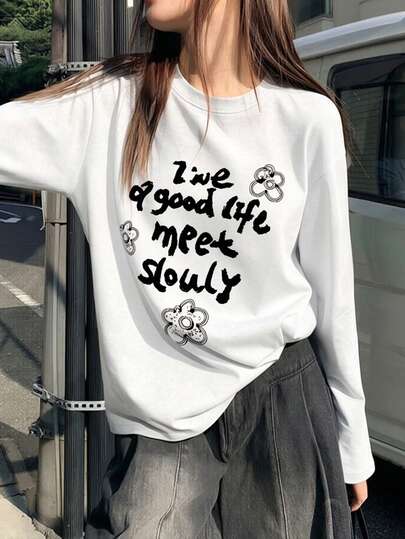 Women's Round Neck Long Sleeve T-Shirt, Spring/Autumn New Floral Pattern & Letter Print, Fashion Casual Versatile Loose Fit Top