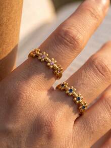 1 Pc 304 Stainless Steel 18K Gold Plated Dainty Adjustable Open Ring With Five Small Flowers Inlaid With MultiColor Rhinestones/Waterproof And Fade-R - Ring - View 4