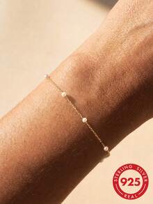 1pc S925 Sterling Silver Round Bead Thin Chain Bracelet For Women, Gentle Minimalist Commuter Style, Adjustable Tail Chain, Niche Elegant Romantic Daily Date Versatile Hand Accessory, Exquisite Gift For Girlfriend And Best Friend - Beads - View 9