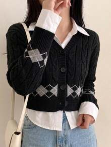 Japanese Academy Style Cable Knit Argyle Lazy V-Neck Cardigan - Black - View 6