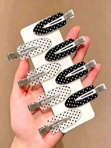 8pcs Vintage Polka Dot Print Hair Clips, Mini Cute Women's Hair Clips, Suitable For Daily Wear, Dating, Party Styling And Decoration (No Card Packaging) - Black and White - View 1
