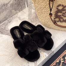 1 Pair Fuzzy Soft Slippers, Fluffy Warm Comfortable Open Toe House Shoes, Breathable Black Plush Fluffy Slippers, Lightweight Indoor/Outdoor Home Slippers For Winter Bedroom Floor - Black - View 2