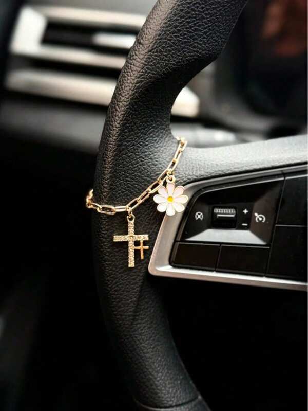 1pc Car Steering Wheel Decorative Chain Cross Chrysanthemum Decoration Interior Decoration Accessories