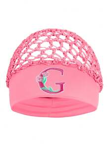 Floral Embroidered Letter Mesh Cap For Women - Personalized Initial Alphabet Elastic Wide Band Hair Bonnet, Crochet Hollow Out Night Sleep Hat - Pink - View 22