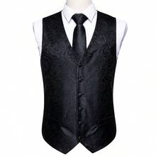 Plus Size 4Pcs Black Paisley Jacquard V-Neck Vest Tie Pocket Square Cufflinks Set, Cufflinks In Random Patterns, Formal Matching Suit Set For Wedding - Black - View 6