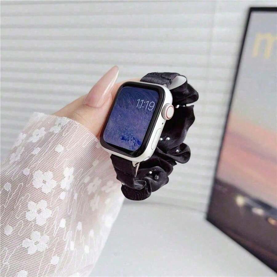 Adjustable Elastic Mesh Scrunchie Bracelet With Rhinestones Comfort Wrist Band For Apple Watch 38 42 46 49mm - E - 查看 1