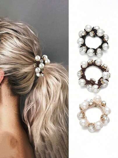 3/1pc Minimalist Korean Style Elegant Faux Pearl & Rhinestone Hair Scrunchie, Women's Daily Wear Headband Hair Tie Elastic Band Hair Accessory For Ponytail