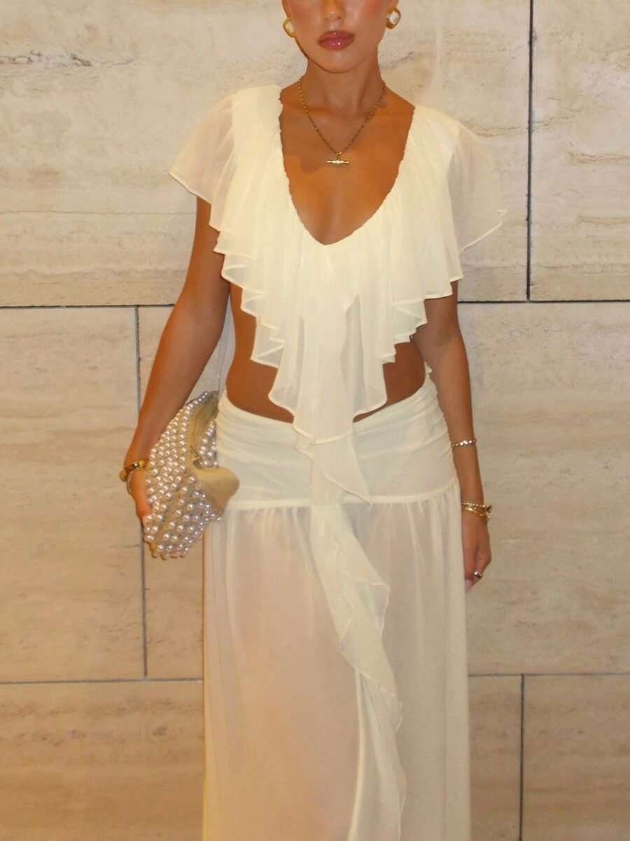 DOUCIU Conjunto de 2 piezas Top Transparente con Volantes Irregulares & Falda Larga Atuendo para Fiesta y Evento - Albaricoque - Ver 1