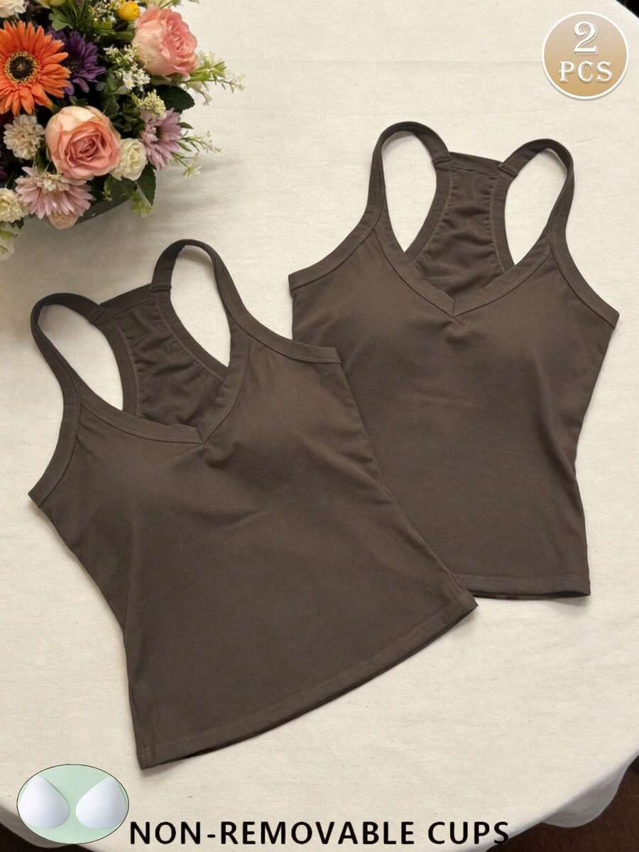 2pcs/Set Women's Summer Camisole Tank Tops, Slim Fit Solid Color Basic Style, With Chest Pads Undershirt - Multicolor - View 1