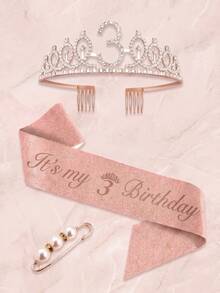 3rd To 100th Milestone Birthday Tiara & Sash Set With Pearl Brooch, Rose Gold Crystal Crown, Birthday Party Decorations Gift For Women & Girls - Multicolor - View 25