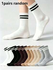1/6 Pairs Women's Solid Color Striped Mid-Calf Socks, Soft Breathable Comfortable Casual Sports Socks, Suitable For Daily Wear, Back To School, All Seasons - Multicolor - View 8