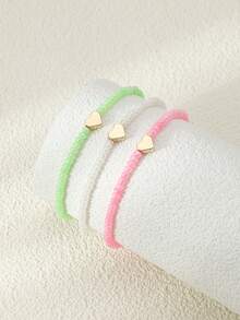 NAIZHU 3pcs Fashionable Teen Heart Multi-Layer Beaded Anklet Set, Daily & Vacation Accessory - Multicolor - View 3