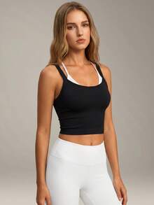 VVX Color-Blocked Workout Tops For Women Sexy Spaghetti Strap Backless Cropped Yoga Top, Suitable For Gym And Everyday Wear In All Seasons - Black - View 4