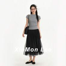 女款純色韓系高腰網紗拼接休閒時尚百搭百褶裙 - 黑色 - 查看 2