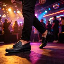 Men's Luxury Lightweight PU Faux Leather Loafers, Casual Woven Style Slip-On Flat Shoes With Convenient Elastic Band, Suitable For Spring/Autumn Daily Wear, Weddings, Banquets, Office, Business And Other Formal Occasions - Black - View 6
