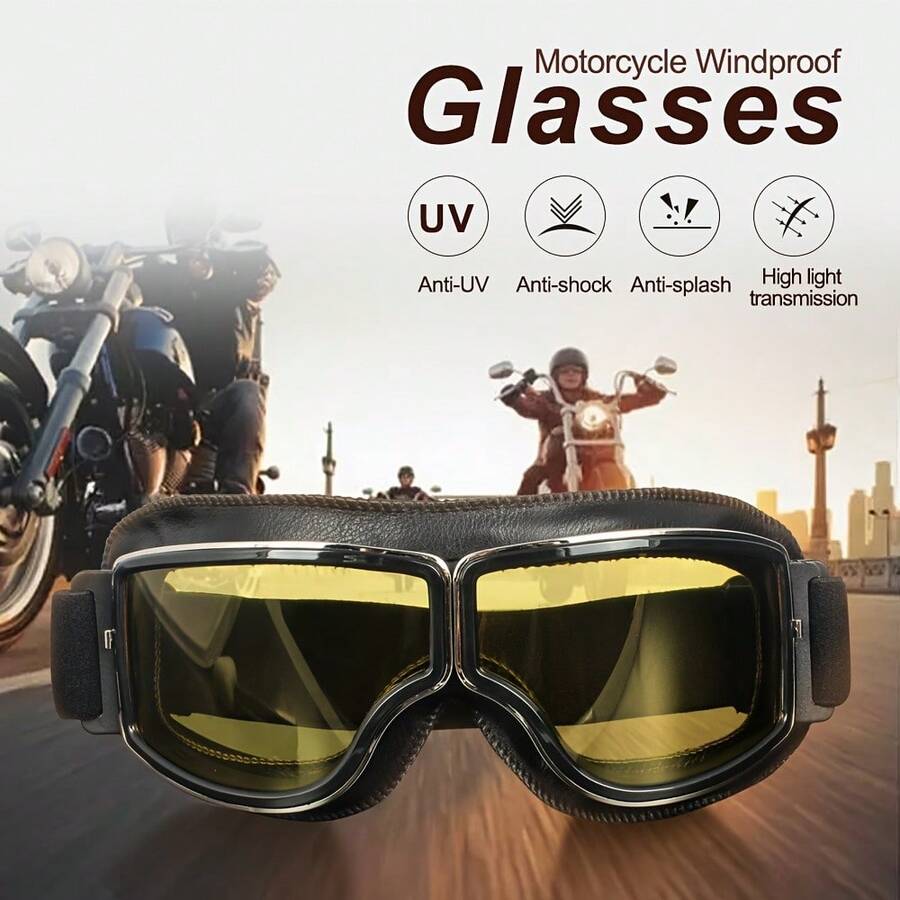 Kacamata Retro Kulit PU untuk Motor, Gaya Aviator untuk Cruiser, Skuter, ATV, Anti Gores, Anti Debu, Kacamata Helm Anti Angin - A - View 1