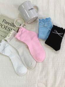 1/5 Pairs Spring/Summer Thin Breathable Lace Wire Bow Sweet Mid-Calf Socks - Multicolor - View 5