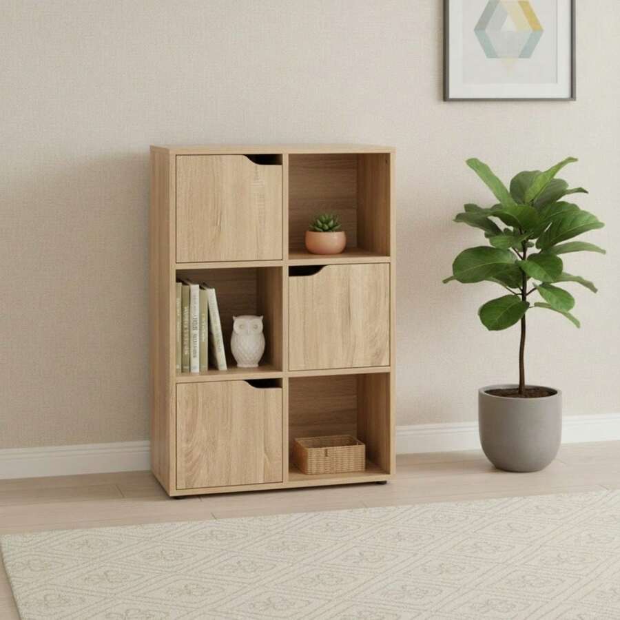 KIWI MOBLEKIT | Modular Wooden Shelves With Different Compartments And Door Options, Bookcases And Storage Furniture For Bedroom, Kitchen Or Entryway - 橡木 - 6 個隔層 + 3 個門 | 60x29x90厘米 - 查看 1