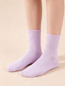 1/5/10 Pairs Unisex Solid Navy Blue Comfortable High Elastic Mid-Calf Socks, Suitable For Commuting, All-Season Wear, Moisture-Wicking, Breathable - Mauve Purple - View 8