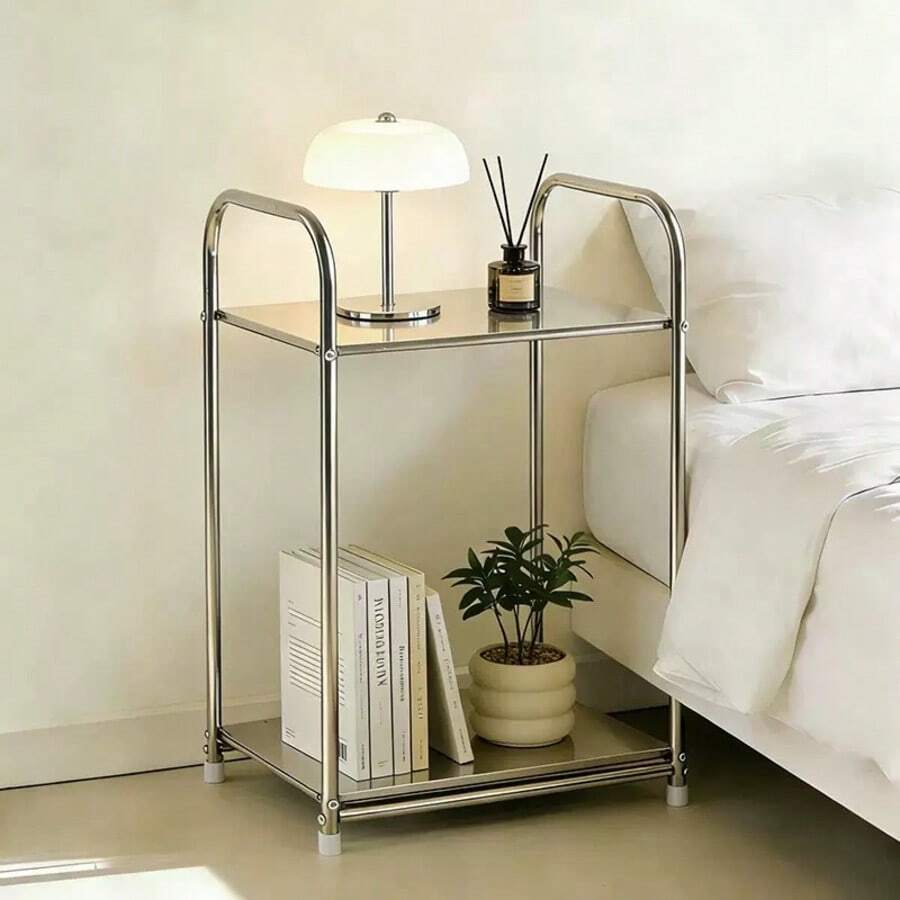 1pc Modern Stainless Steel Edge Nightstand With Storage Space, Silver, Home Storage Rack, Height Below 27 Inches, Space-Saving Design, No Power Required, Perfect For Sofa And Kitchen, Practical Shelf - Multicolor - View 1