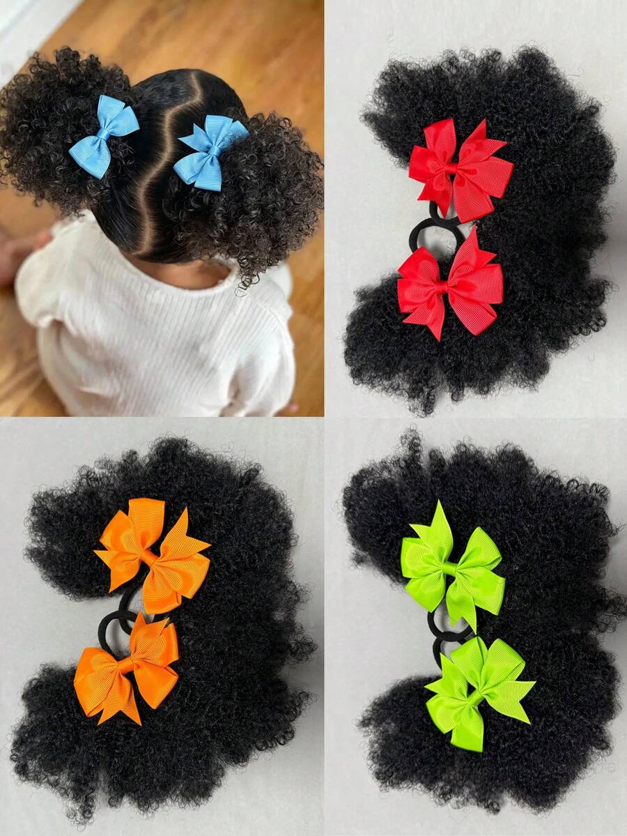 2PCS African Small Curls With Bubble Hair And Ponytail Wig With Bow For Children - 自然黑 - 查看 1