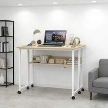 Folding Table With Wheels - Home Office Desk - 80x58x75cm - Folding Computer Desk With Bookshelf - Portable Mobile Workstation - Suitable For Small Spaces - Mustard Yellow - View 6