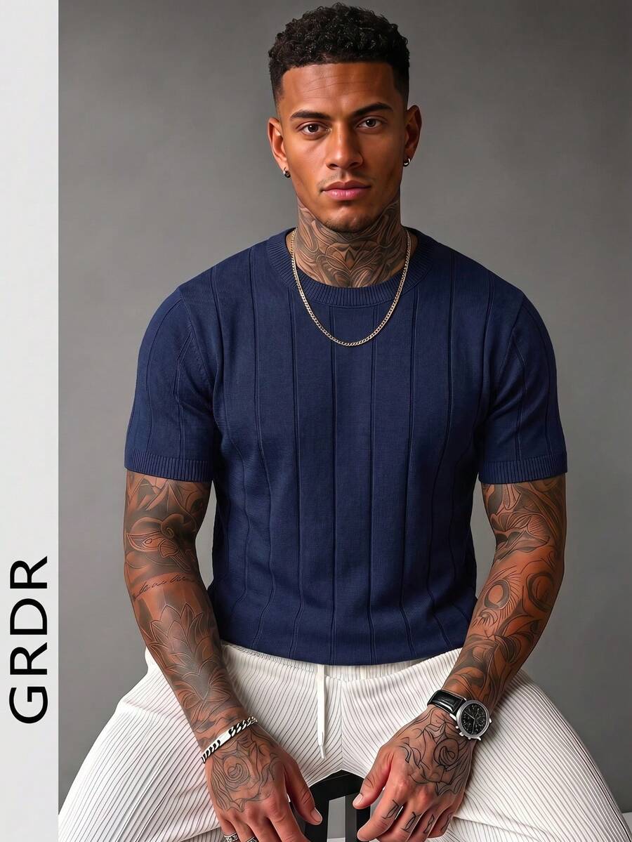 Suéter casual de punto acanalado de cuello redondo de manga corta de unicolor para hombres GRDR