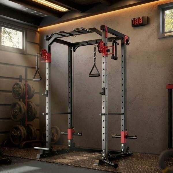 Multi-Functional Fitness Power Cage,1200 LBS Weight Capacity Squat Rack With LAT Pull Down System, Workout Cage With Pulley System For Fitness Home Gym Strength Training(Red And Black)