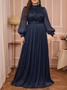Solessence 大尺碼女款立領燈籠袖亮片拼接長版晚禮服，適合派對與婚禮 - 藏蓝色 - 查看 2