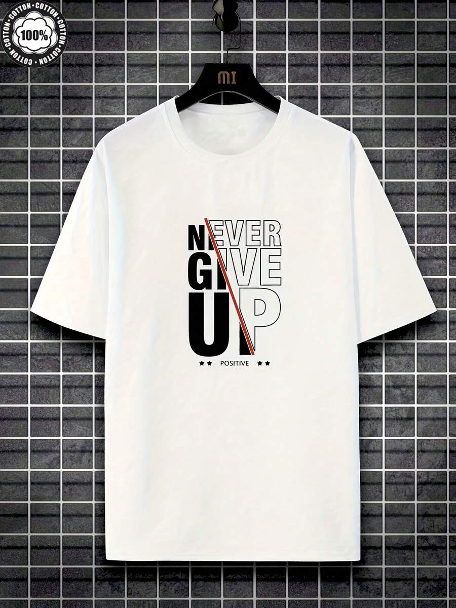 2025New Summer Collection Of Plus-Size Men's Clothing With Stylish Lettering And Inspirational Designs'Never Give Up,Positive And Uplifting' And - 白色 - 查看 1