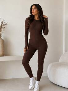 Women's Fitted Ribbed Jumpsuit With Front Zipper And Elegant Long Sleeves, Knit Fabric, Winter - Rust Brown - View 5