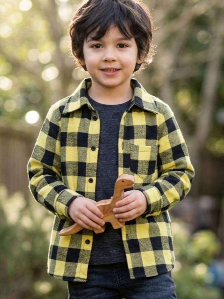 Long-Sleeved Flannel Plaid Shirt - Yellow Checkered - View 1