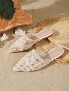 HGUIGJ Women's Pointed Toe Hollow Woven Mule Slippers, Beige Mesh Floral Woven Craft, Fresh Vacation Style, Suitable For Spring/Summer Beach, Travel And Daily Wear - Apricot - View 4
