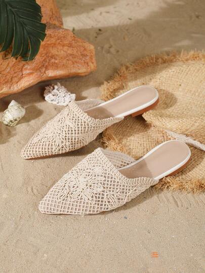 HGUIGJ Women's Pointed Toe Hollow Woven Mule Slippers, Beige Mesh Floral Woven Craft, Fresh Vacation Style, Suitable For Spring/Summer Beach, Travel And Daily Wear