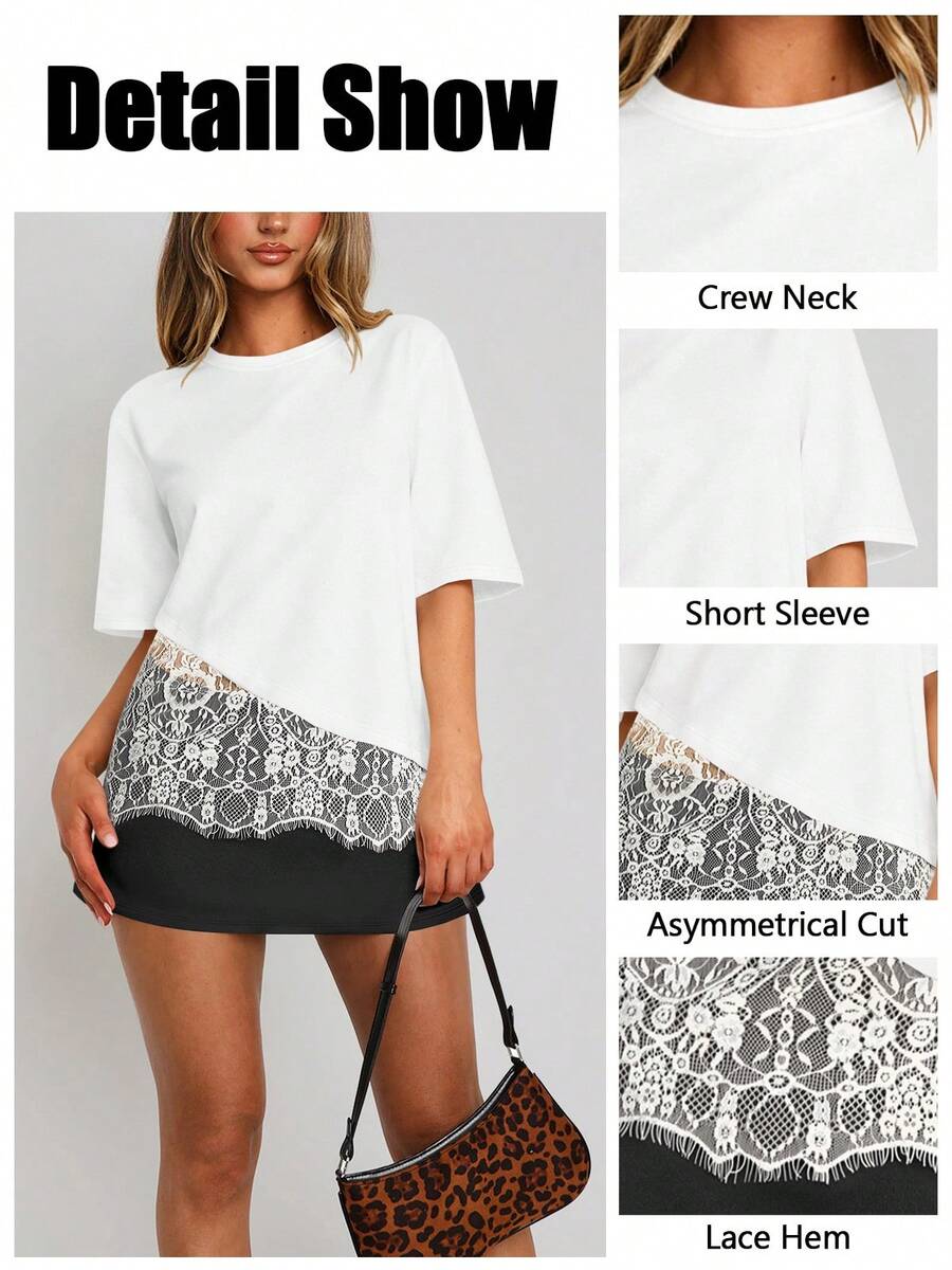 Summer Hot-Selling Women's Y2K Lace Patchwork Asymmetrical Hem Round Neck Casual Versatile Top Sexy Style - Off White - View 1