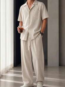 Blueprint Man Men's 2-Piece Set, Apricot Linen-Like Dropped Shoulder Short Sleeve Shirt + Long Pants, Drawstring Waist Design, Comfortable Soft Textured Fabric, Durable And Resistant To Deformation, Casual Fashion Minimalist Old Money Style, Suitable For Daily Commute And Vacation - Apricot - View 5