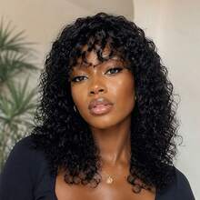 AMECIRE Curly Wig Human Hair Wigs Long Black Wig With Bangs Water Wave Wig Fluffy Shape Pixie Cut Wig Elastic Mesh Cap Suitable For Everyday Wear - Natural Black - View 2